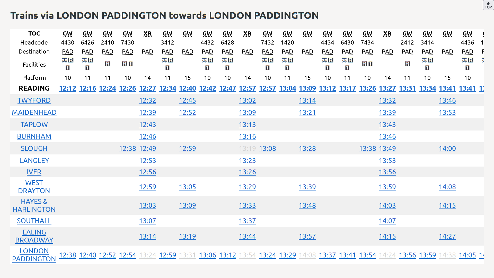 Interface showing a timetable from Reading to Paddington